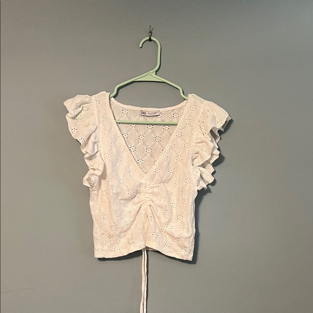 Zara Cream Eyelet Ruffle Blouse